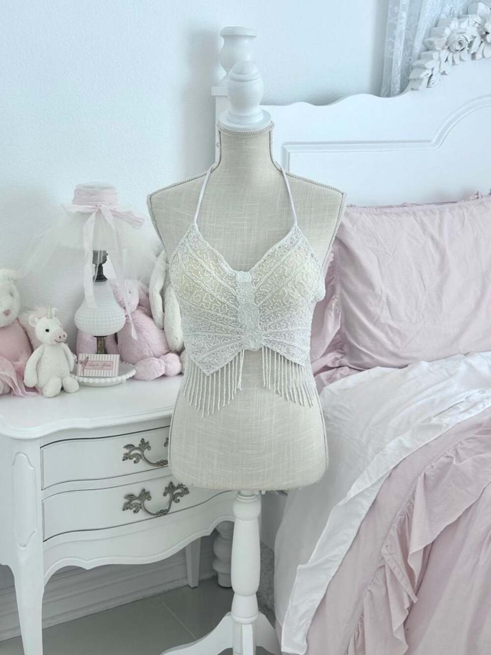 Vintage 1990s White Sequin Beaded Butterfly Halter Top XS–M